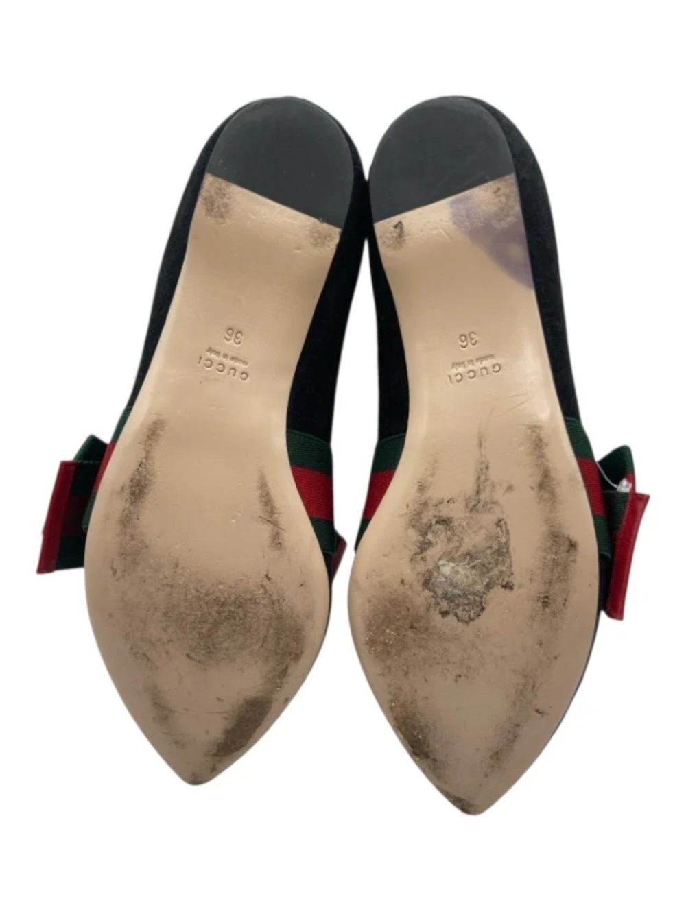 Gucci Web Black Pointed Suede Toe Flats with Green & Red Bow - Picture 5 of 9